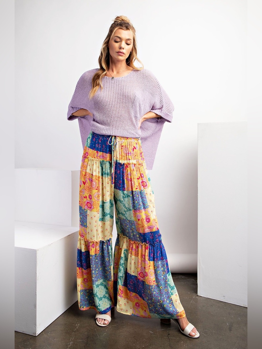 Easel Boho Patchwork Floral Tiered Wide Leg Palazzo Pants Lemon Blue 3X plus